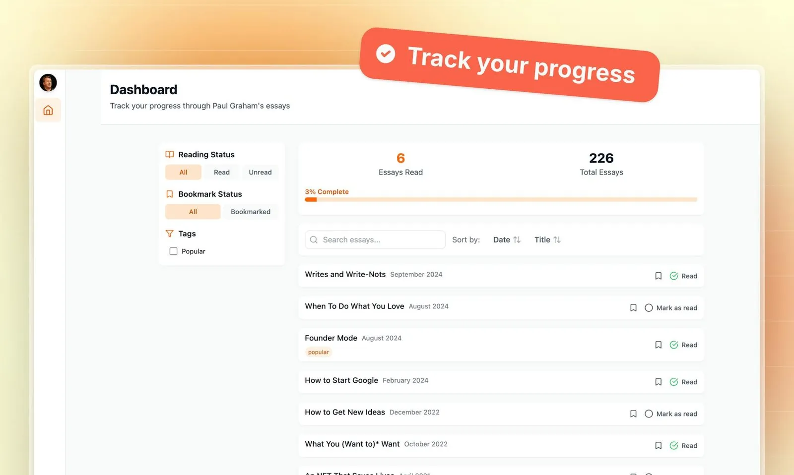 Paul Graham Essay Tracker screenshot 1